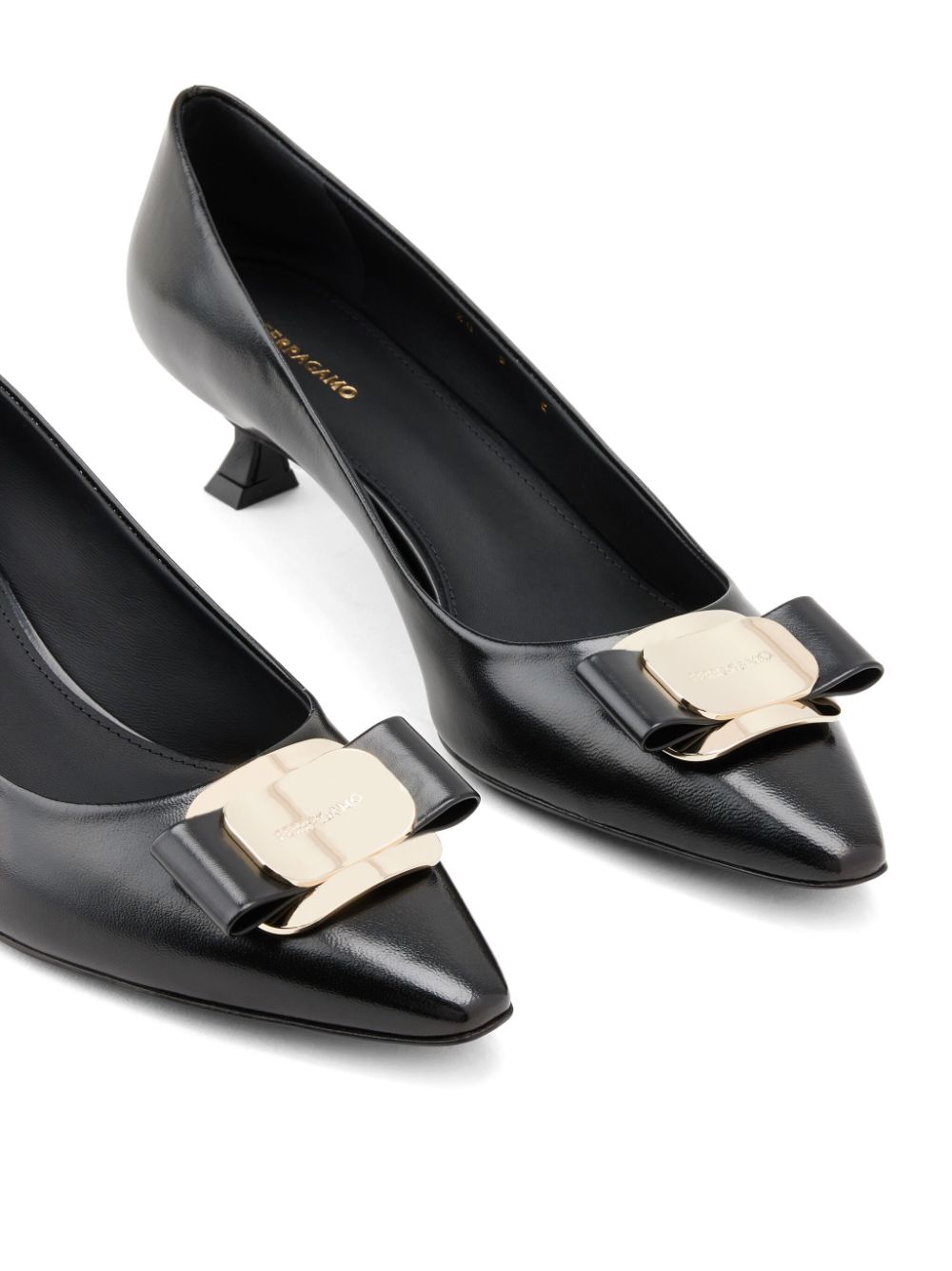 Ferragamo Vara Leather Mini Pumps with Bow Detail - Women's Slip-On Kitten Heel