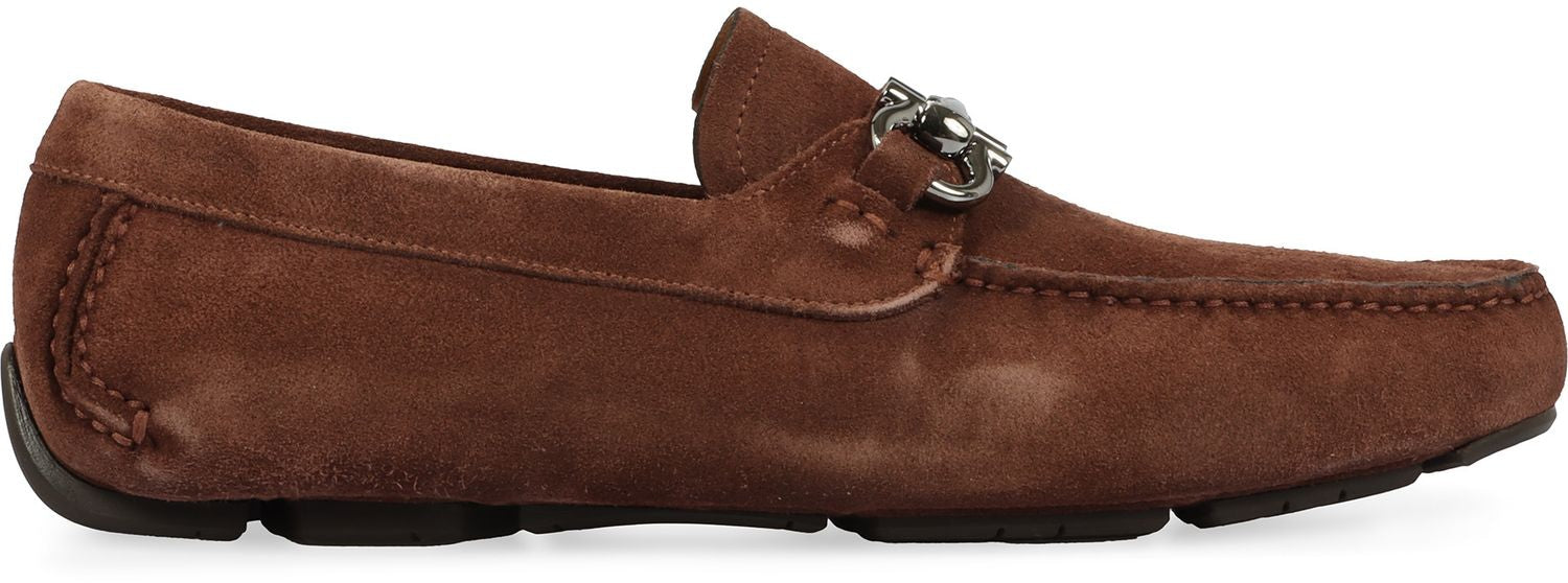 Ferragamo Suede Loafers with Gancini Hook Detail