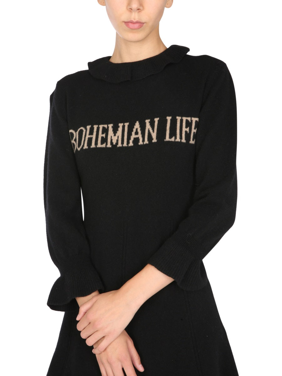 ALBERTA FERRETI Elegant High Neck Mini Dress with Ruffles