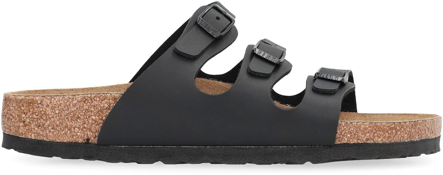 BIRKENSTOCK Leather Slide Sandals with Silver Metal Buckles
