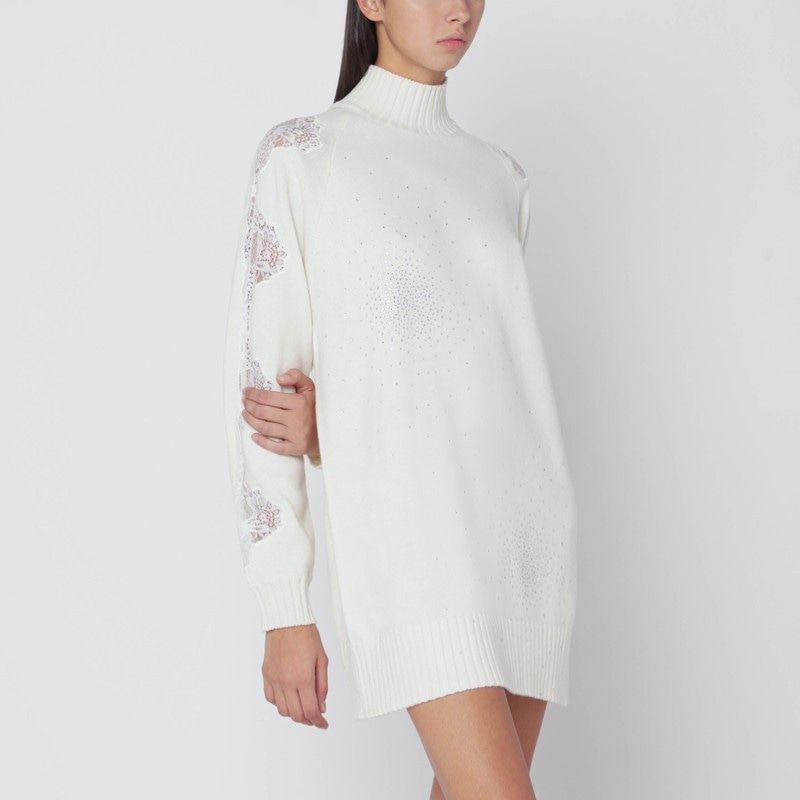 GIUSEPPE DI MORABITO Wool Turtleneck Dress with Lace and Crystals - Women's Mini Dress