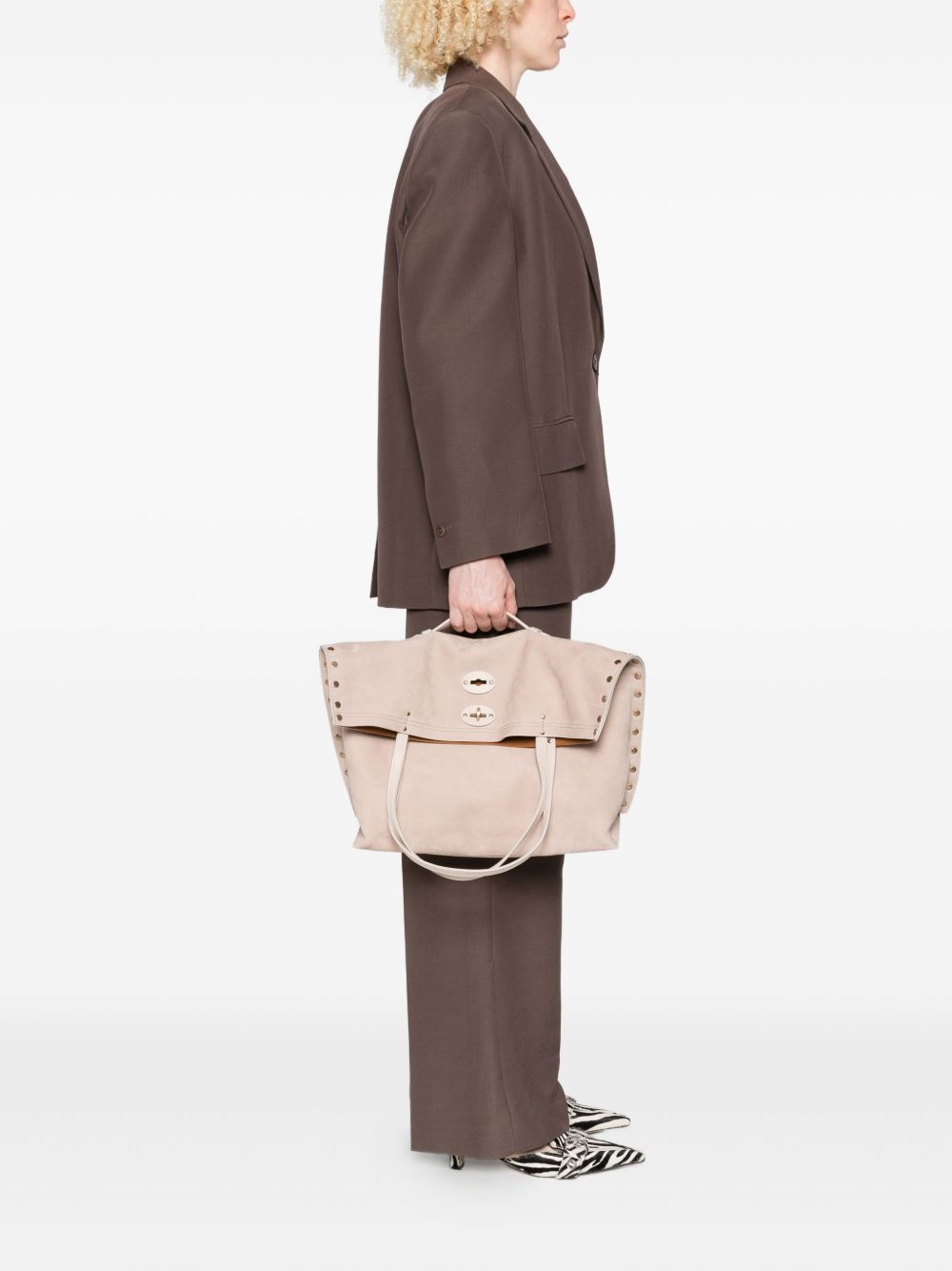 ZANELLATO Mini Suede Leather Handbag with Foldover Top and Stud Details