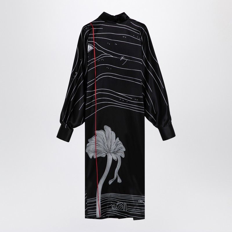 Ferragamo Silk Satin Midi Dress with Spirit Print