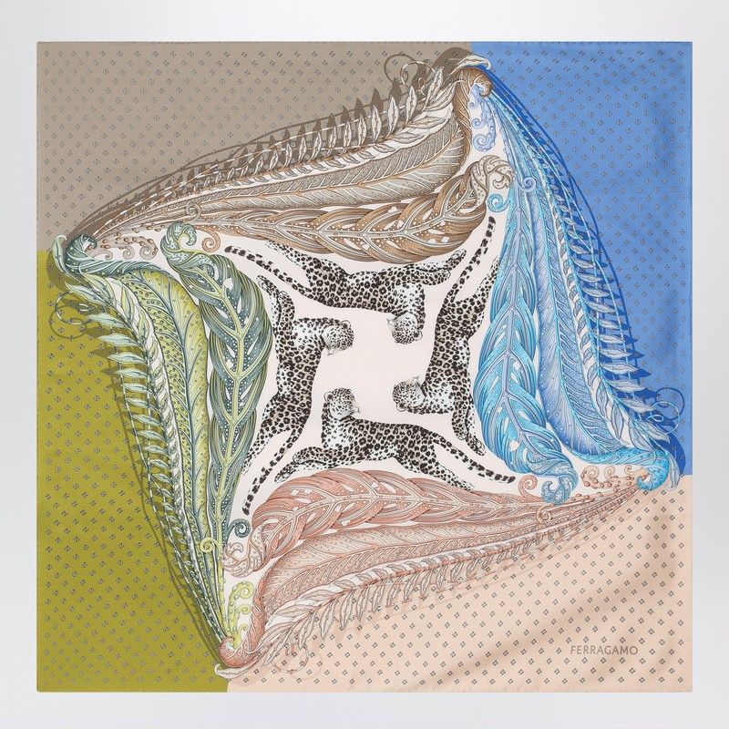 Ferragamo Silk Scarf with Multicolored Print Featuring Jaguars