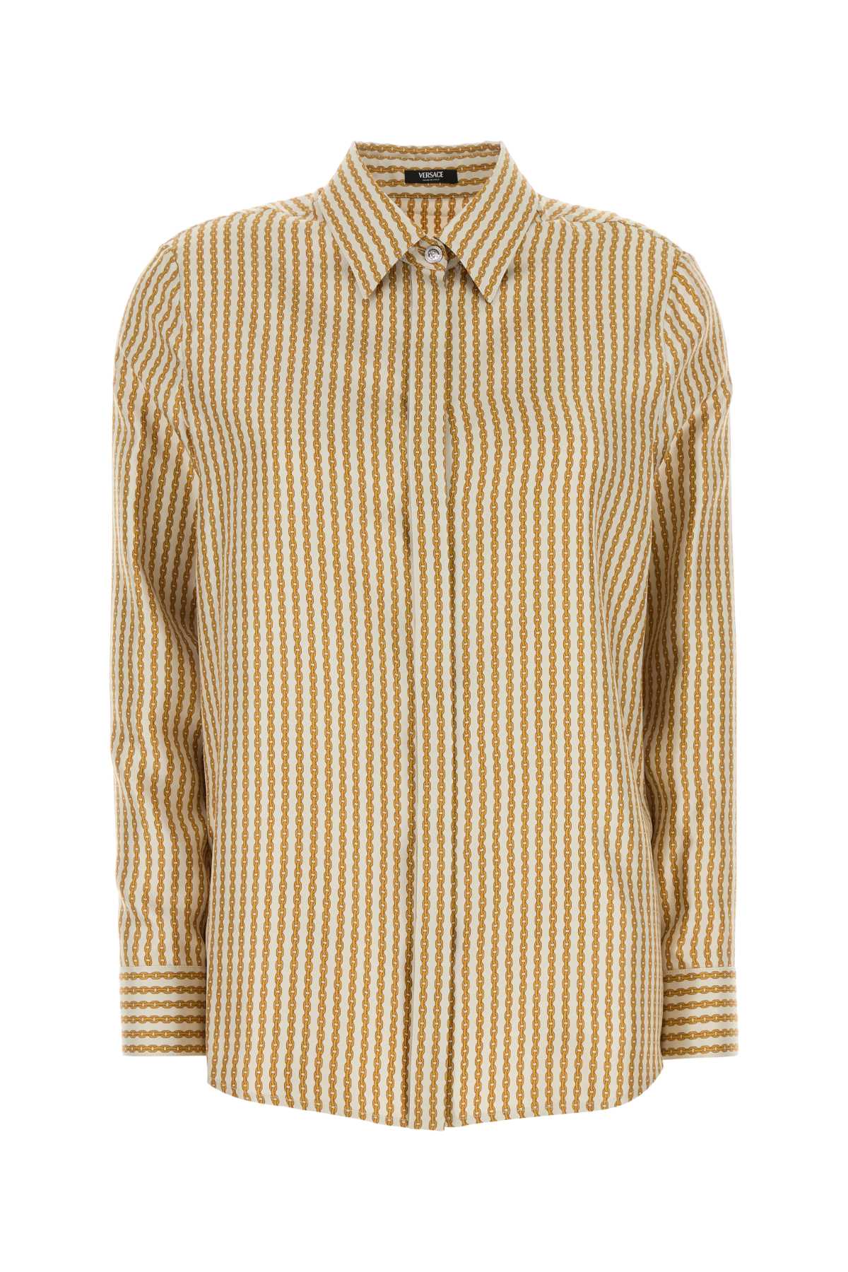 VERSACE Printed Silk Shirt - Women's Dress Shirt with Pinstripe Chain