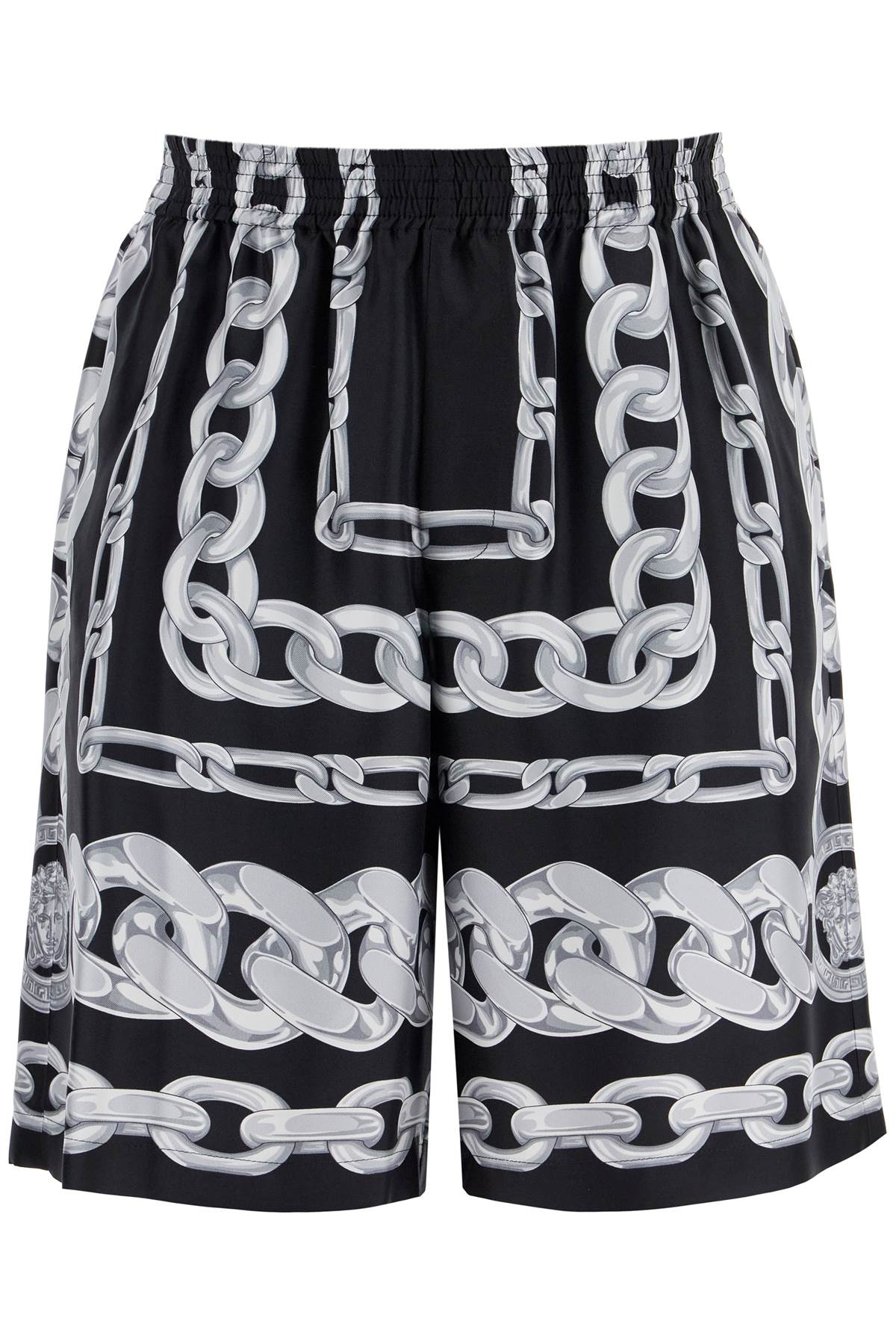 VERSACE Men's Printed Silk Shorts with Medusa Chain Design