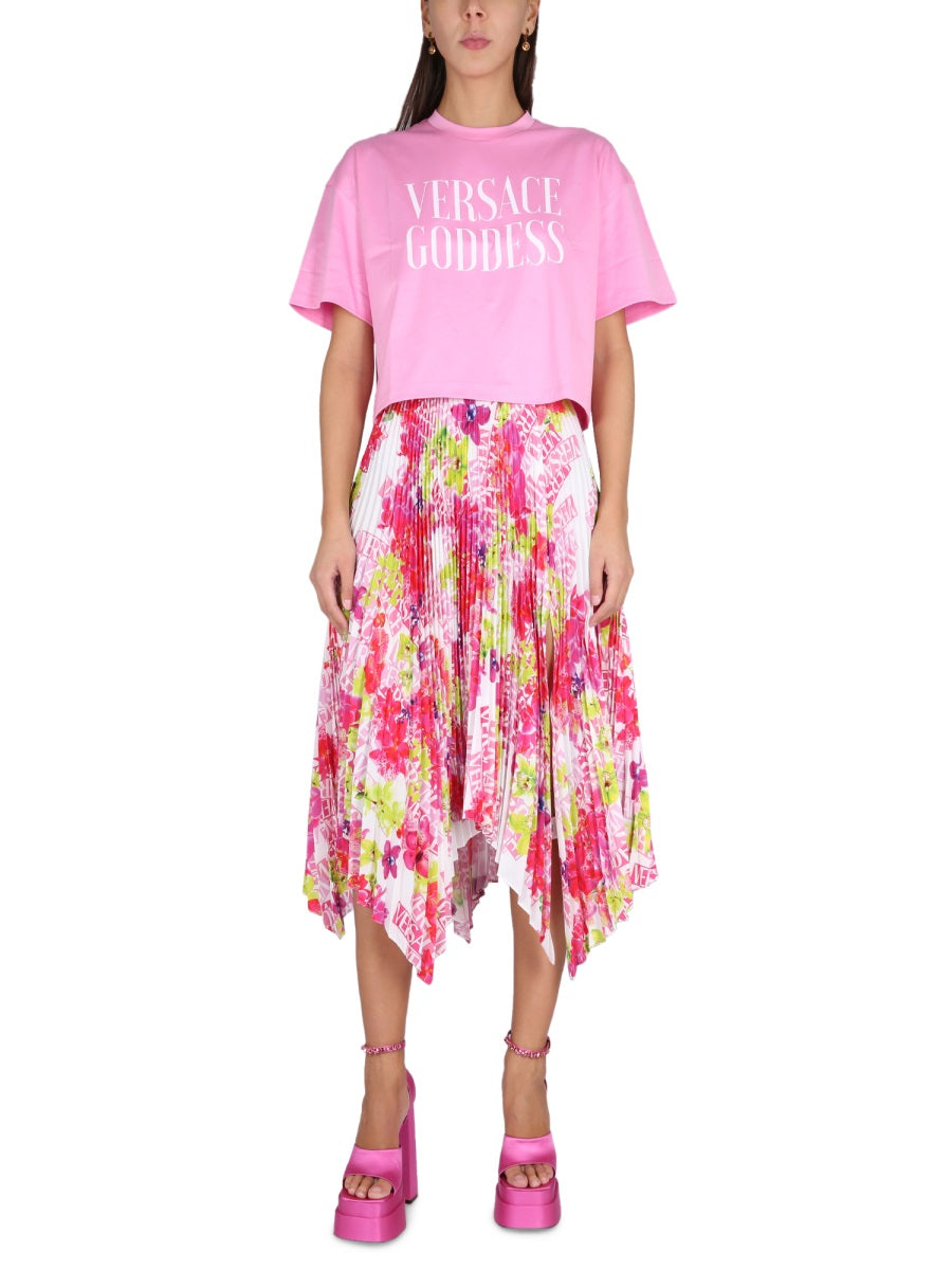 VERSACE Floral Pleated Mini Skirt with Elastic Waistband