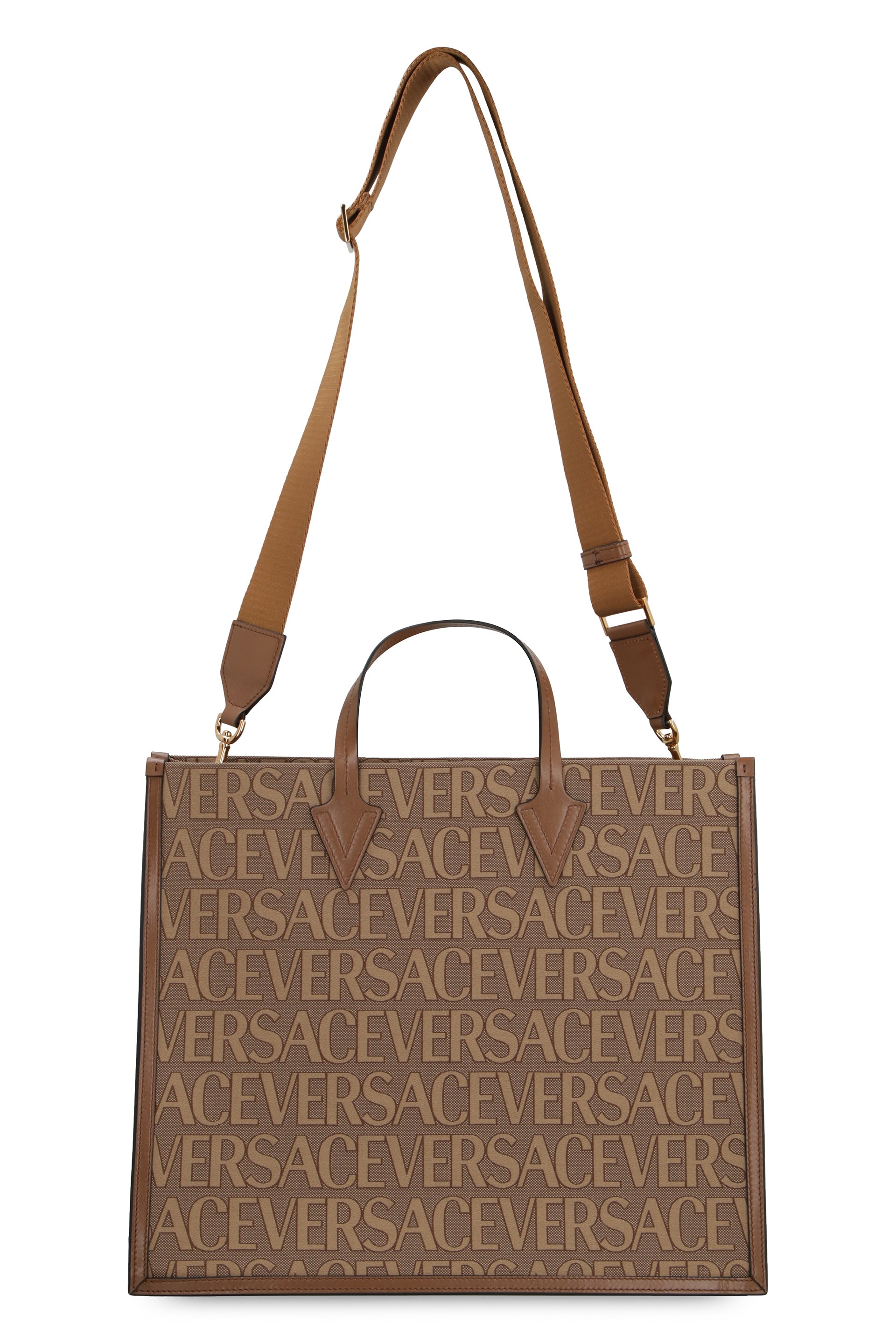 VERSACE Embroidered Canvas Allover Shopping Handbag