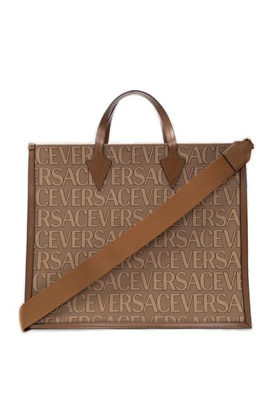 VERSACE Embroidered Canvas Allover Shopping Handbag