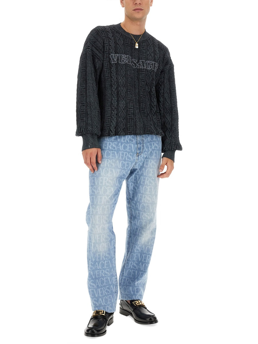 VERSACE Slim Fit Knit Sweater with Greek Braid Detail - Size 50 IT