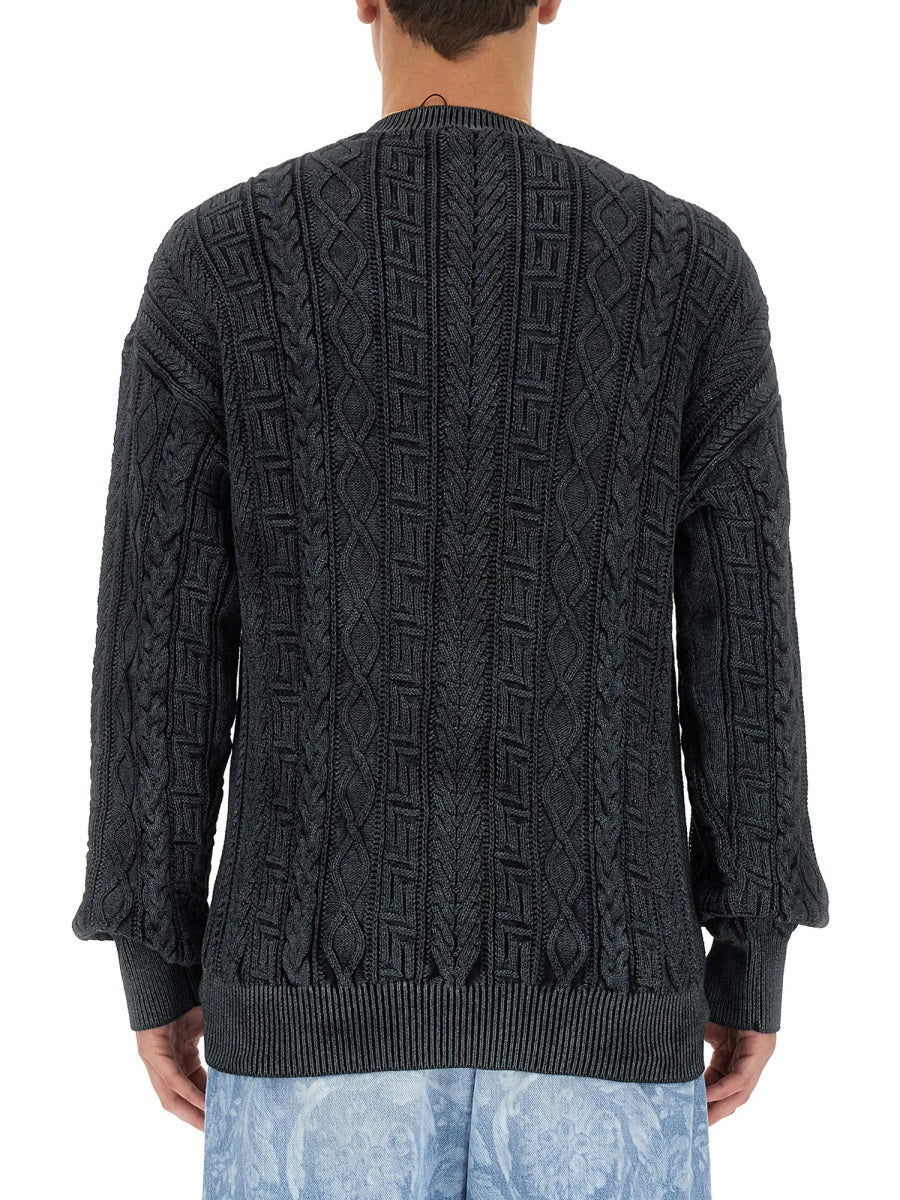 VERSACE Slim Fit Knit Sweater with Greek Braid Detail - Size 50 IT