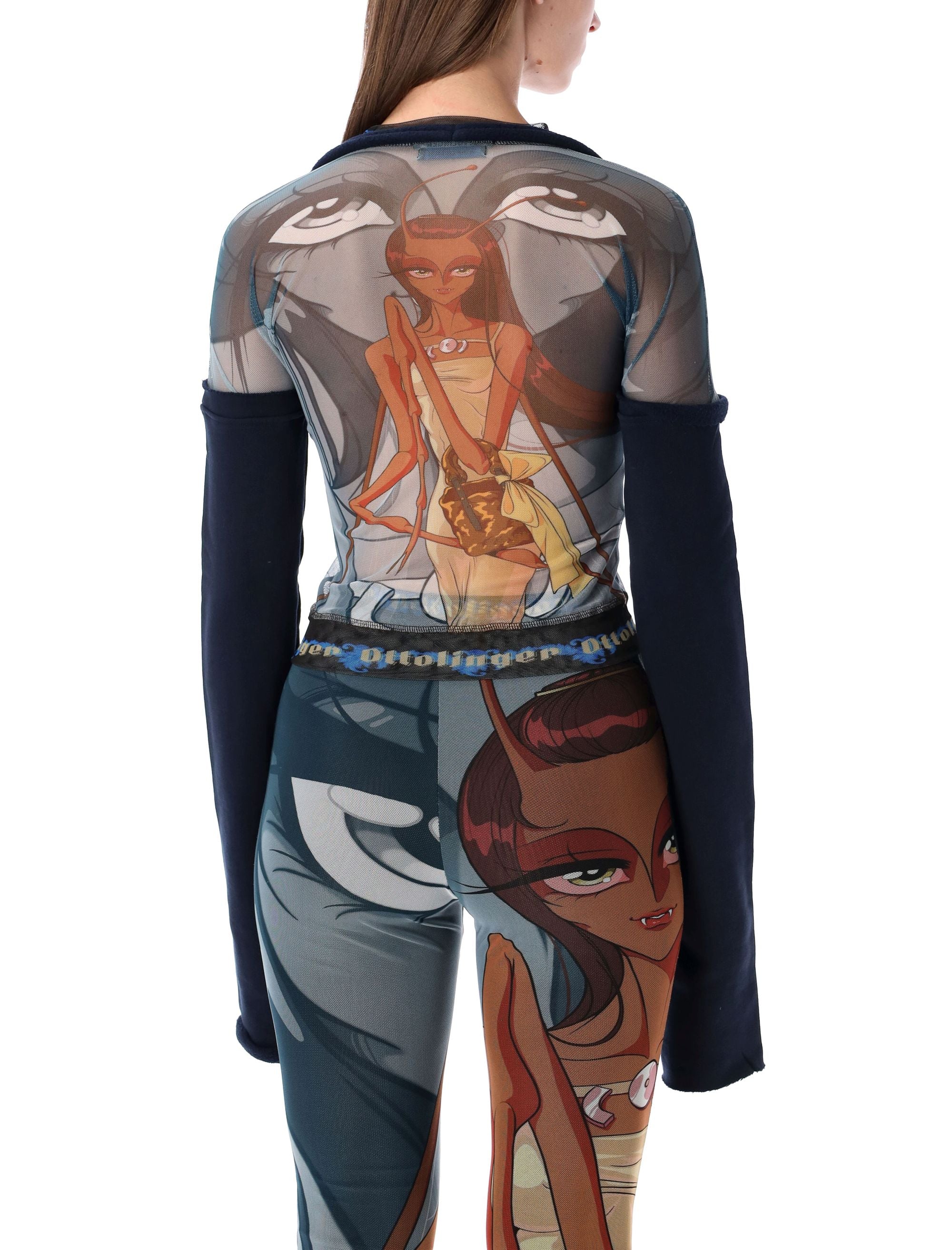 OTTOLINGER Printed Mesh Top with Sleeves, Size S