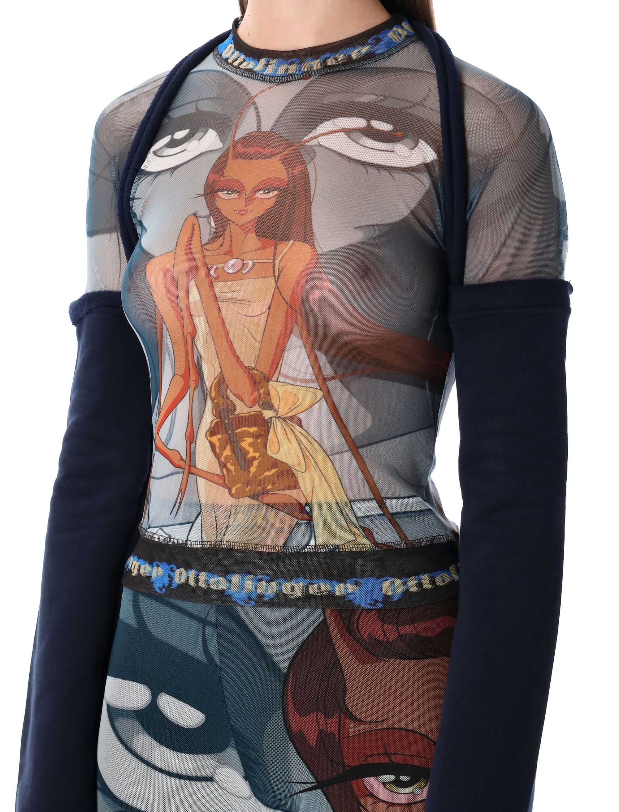 OTTOLINGER Printed Mesh Top with Sleeves, Size S