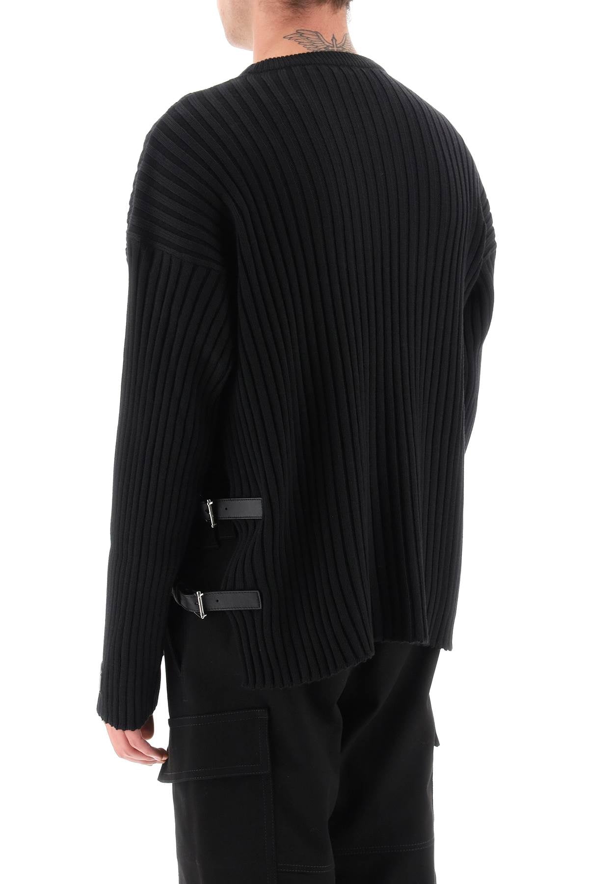 VERSACE Crew-Neck Wool Sweater with Side Buckle Details