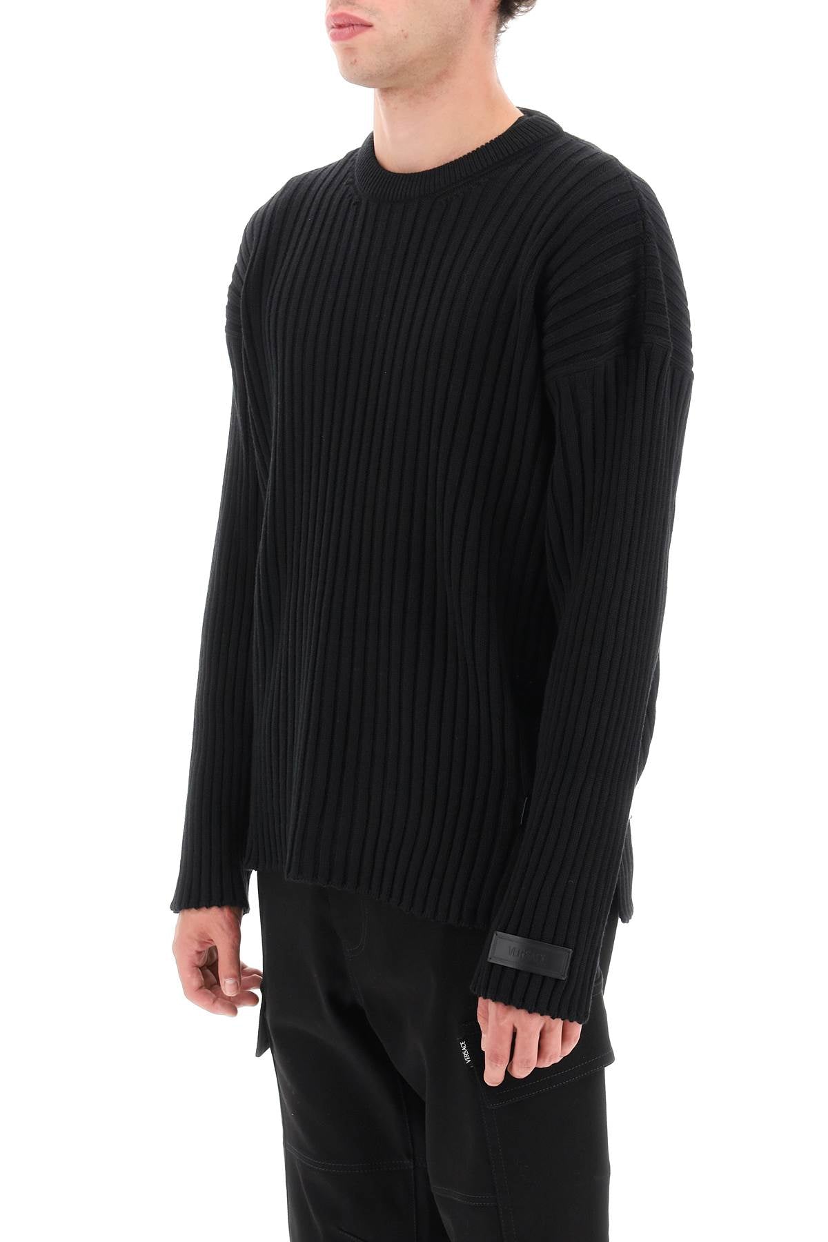 VERSACE Crew-Neck Wool Sweater with Side Buckle Details