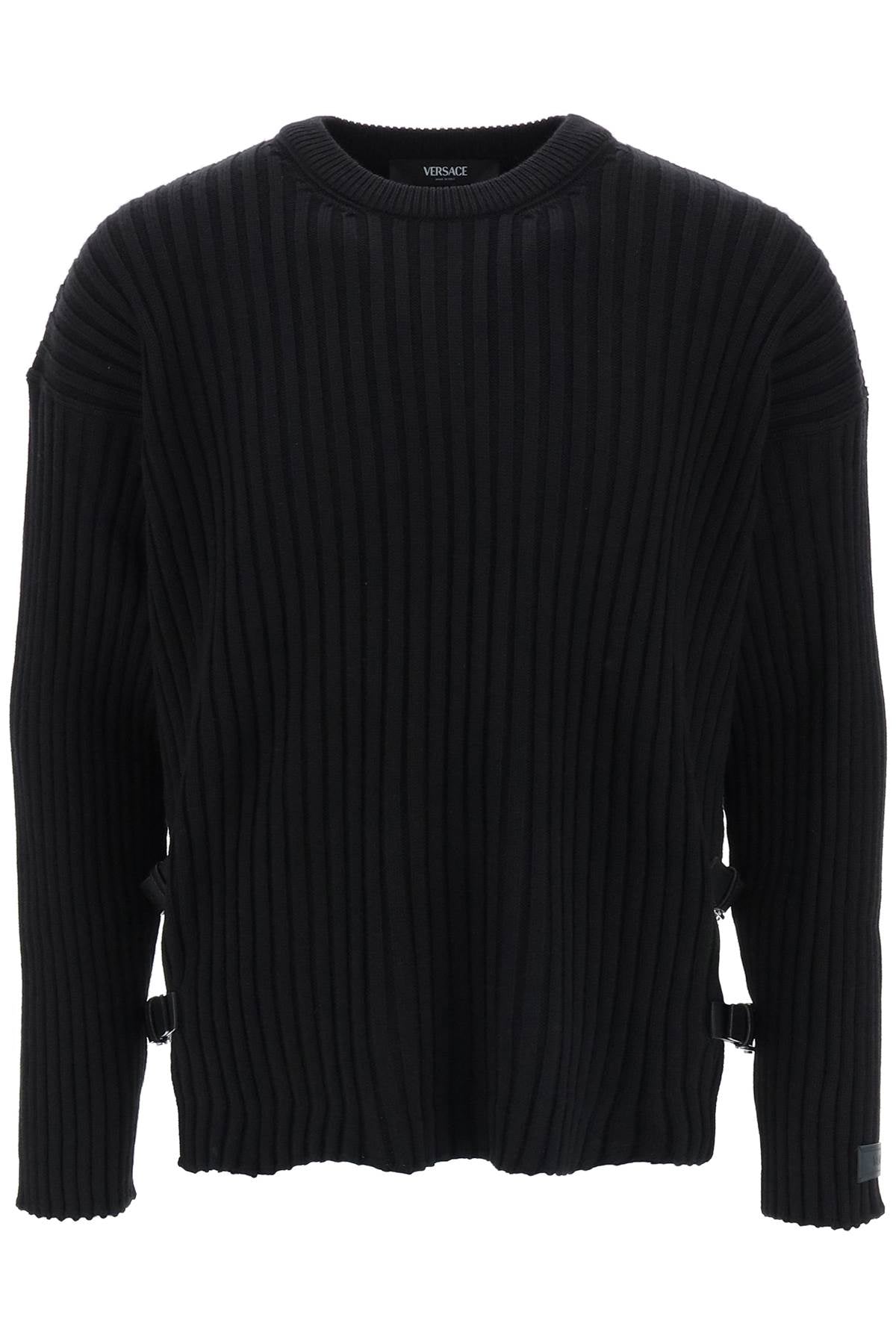 VERSACE Crew-Neck Wool Sweater with Side Buckle Details