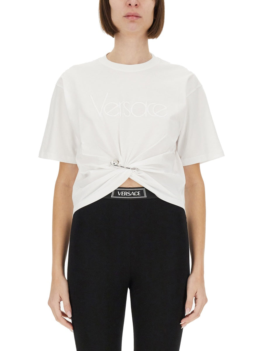 VERSACE Embroidered Logo Cotton T-Shirt with Ruched Detailing - Women's SS25