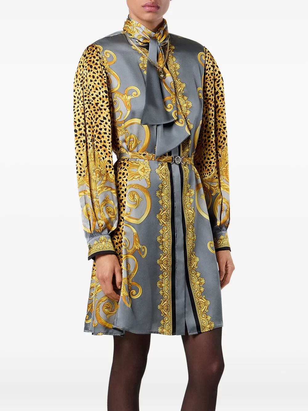 VERSACE Cheetah Foulard Style Mini Dress on Silk Crepe Satin