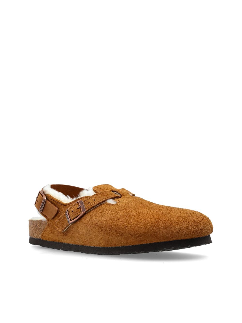 BIRKENSTOCK Shearling Suede Slippers with Buckle Fastening