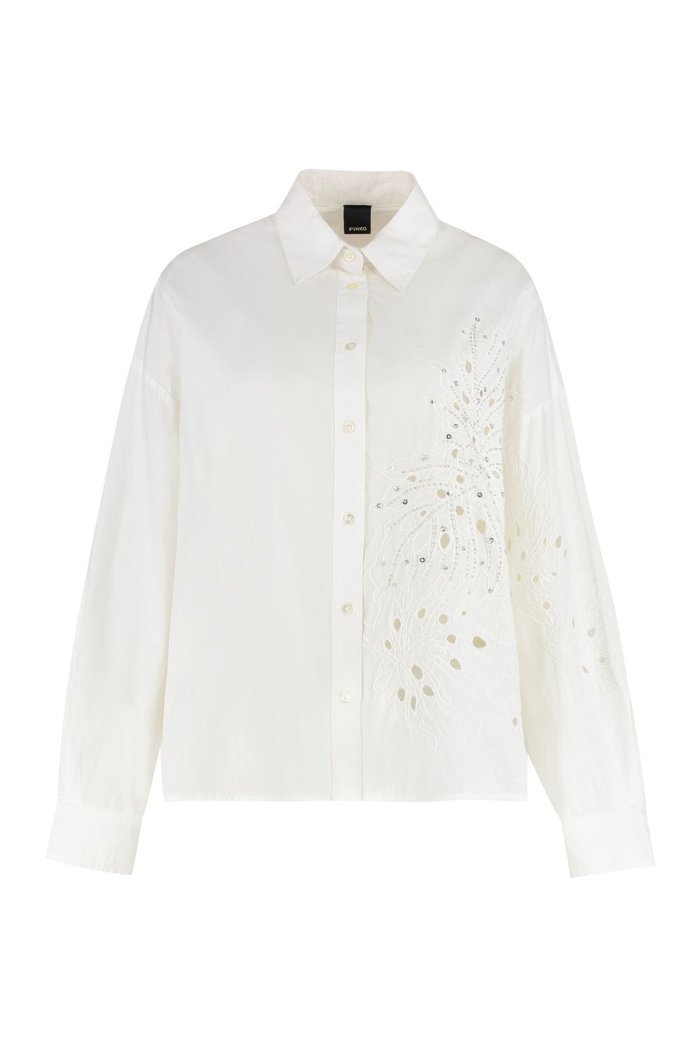 PINKO Cotton Boxy Fit Shirt with Rhinestone Embroidery