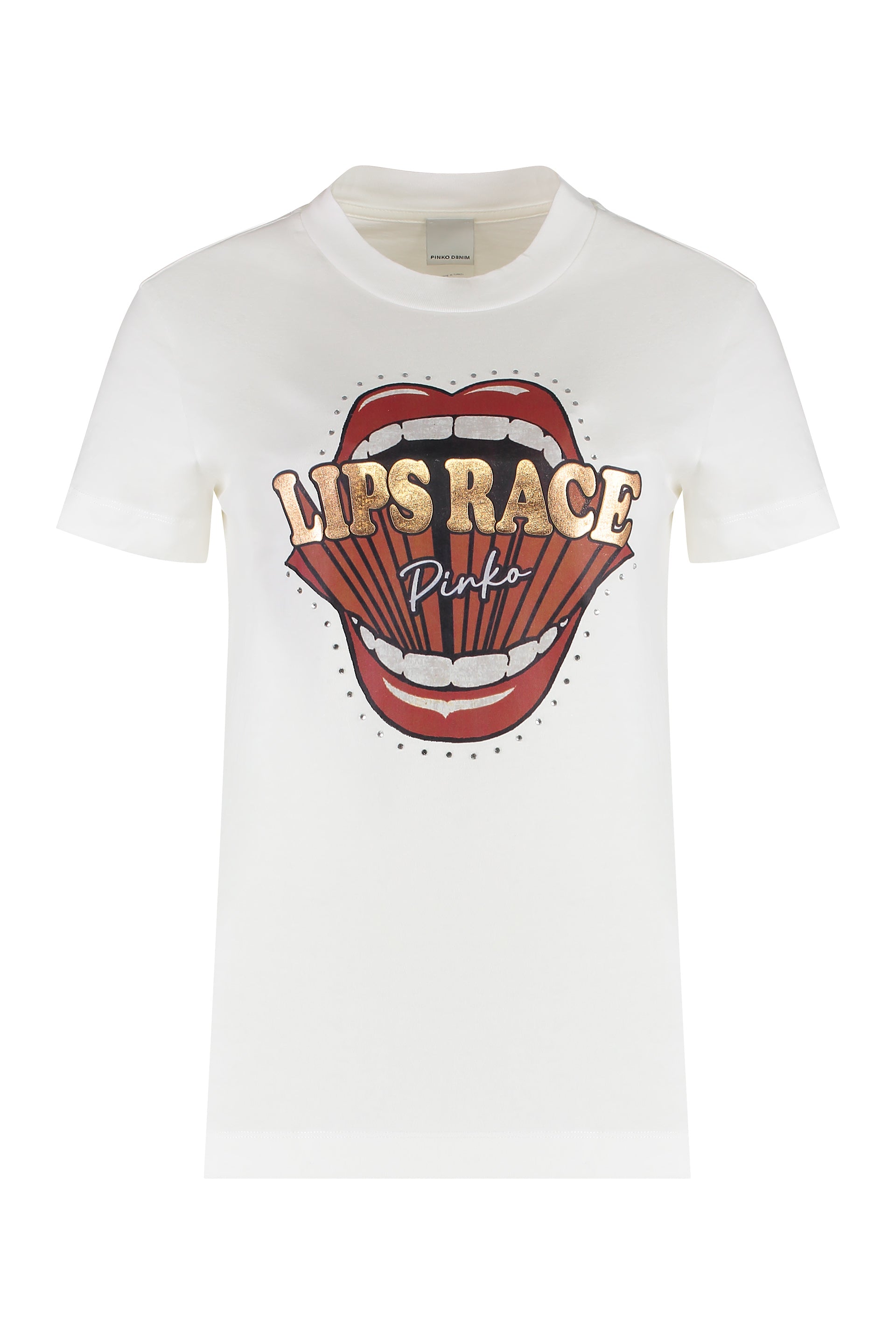 PINKO Cotton Crew-Neck T-Shirt with Rhinestone Print