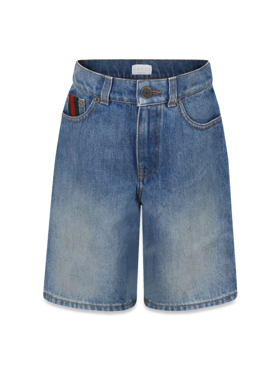 GUCCI Unisex Denim Shorts with Web Ribbon