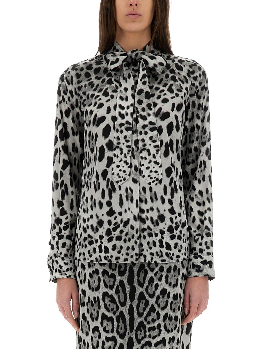 DOLCE & GABBANA Leopard Print Bow Charmeuse Shirt - Size 40 IT