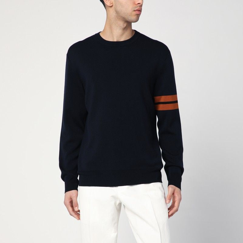 ZEGNA Men's Crew Neck Wool Sweater with Striped Detail