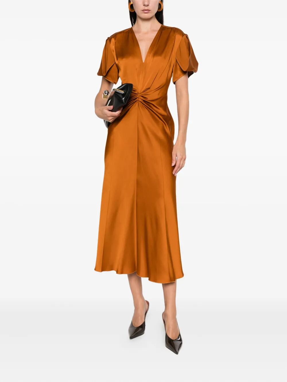 VICTORIA BECKHAM Gathered V Neck Midi Dress