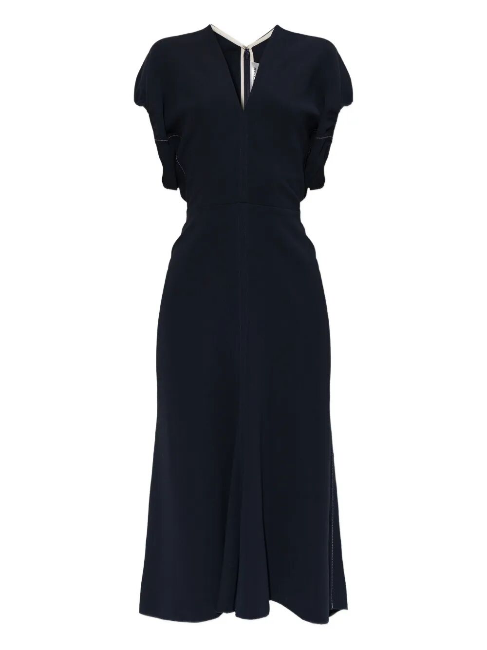 VICTORIA BECKHAM V-Neck Midi Dress with Blouson Detail - Women's Fashion