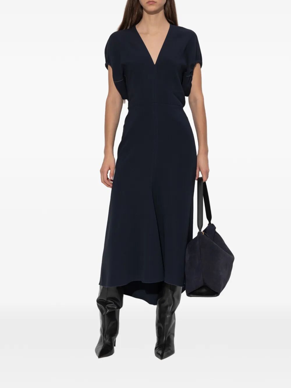 VICTORIA BECKHAM V-Neck Midi Dress with Blouson Detail - Women's Fashion
