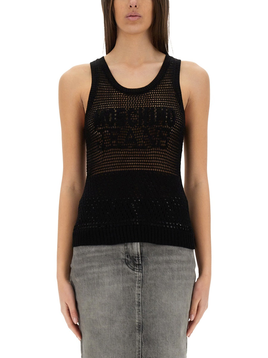 MOSCHINO JEANS Slim Fit Mesh Top with Logo - Size S
