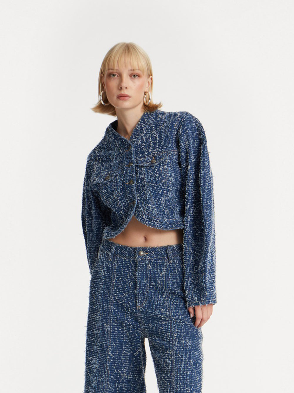 ROTATE BIRGERCHRISTENSEN Point Collar Denim Jacket with Voluminous Sleeves