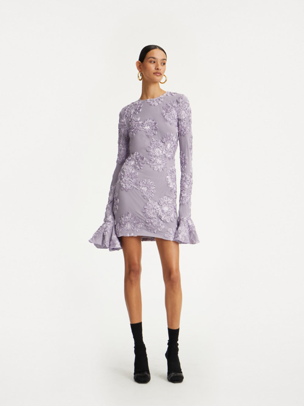 ROTATE BIRGERCHRISTENSEN Fitted 3D Mesh Mini Dress with Ruffled Shoulders