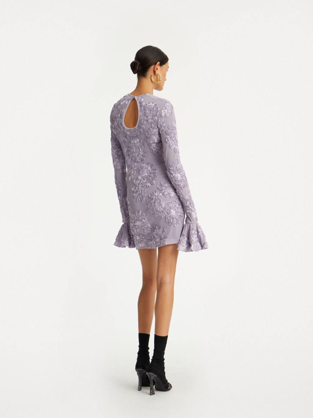 ROTATE BIRGERCHRISTENSEN Fitted 3D Mesh Mini Dress with Ruffled Shoulders