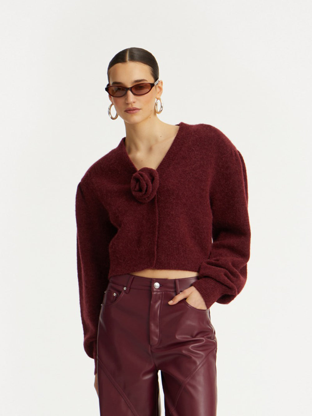 ROTATE BIRGERCHRISTENSEN Puff Sleeve Knit Cardigan with Rose Detail