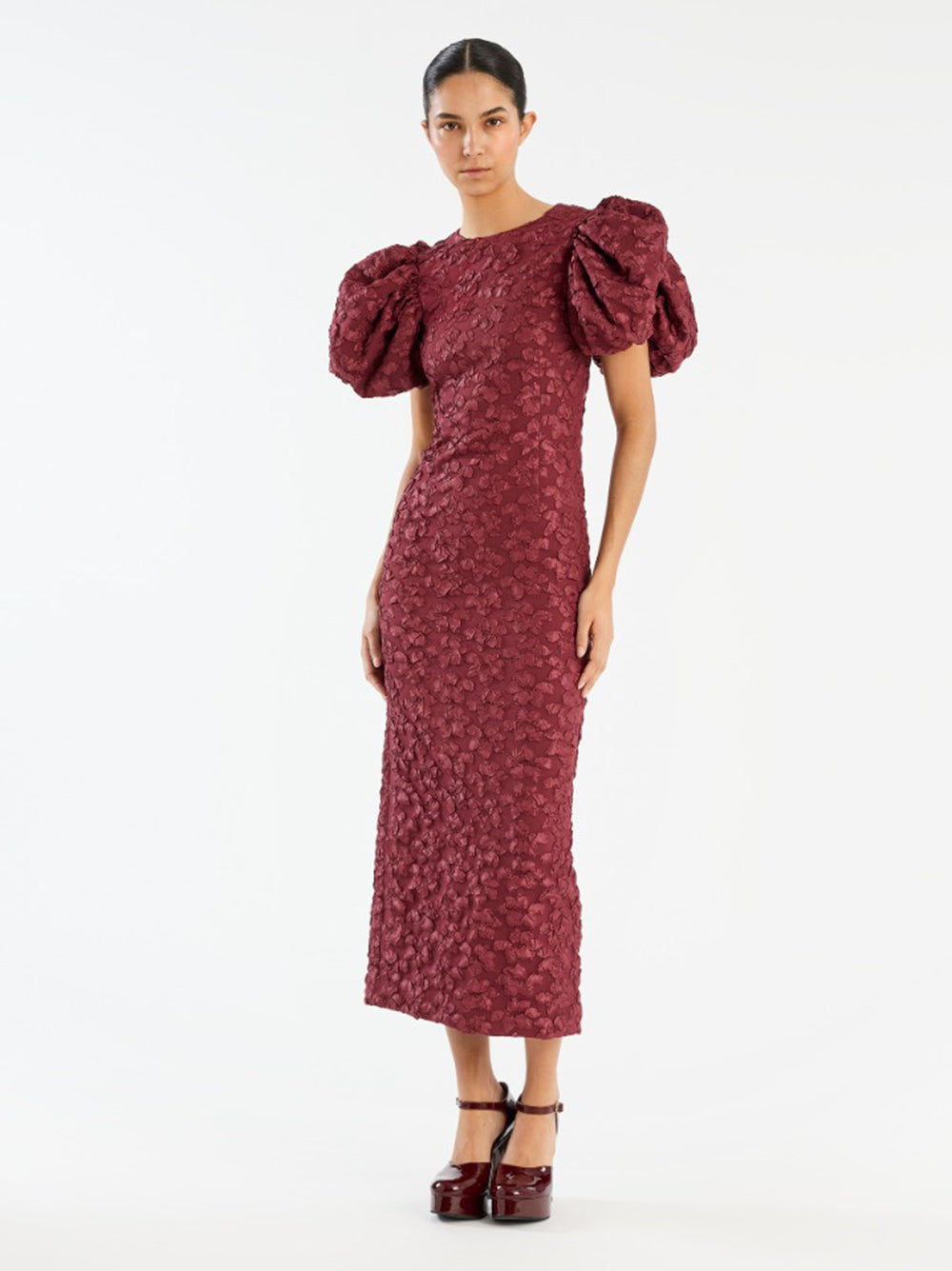 ROTATE BIRGERCHRISTENSEN Jacquard Midi Puffy Dress with Short Sleeves - Size 34