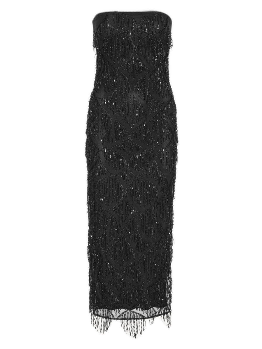 ROTATE BIRGERCHRISTENSEN Mid-Length Sequin Tube Dress with Fringe Detail