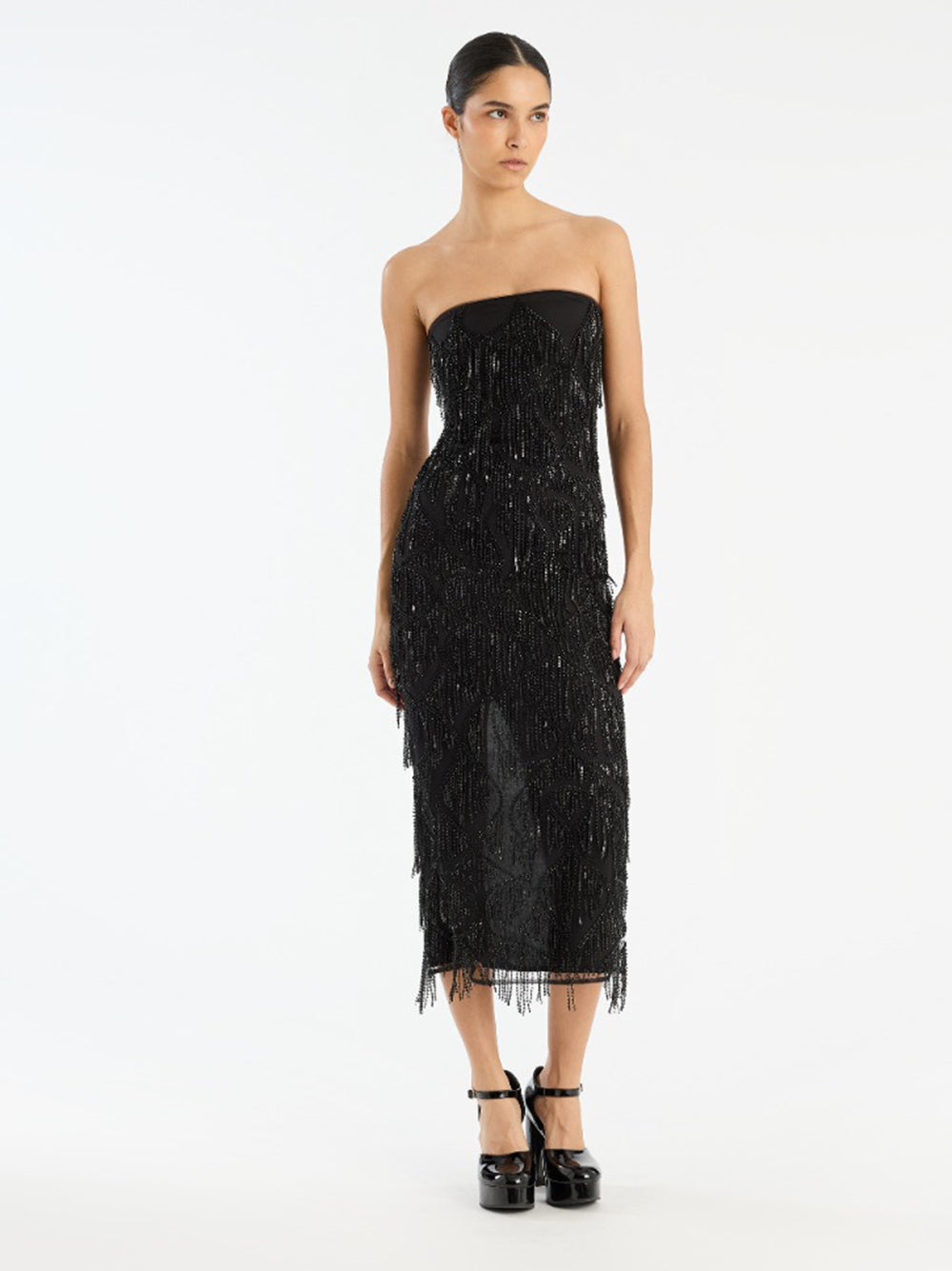 ROTATE BIRGERCHRISTENSEN Mid-Length Sequin Tube Dress with Fringe Detail