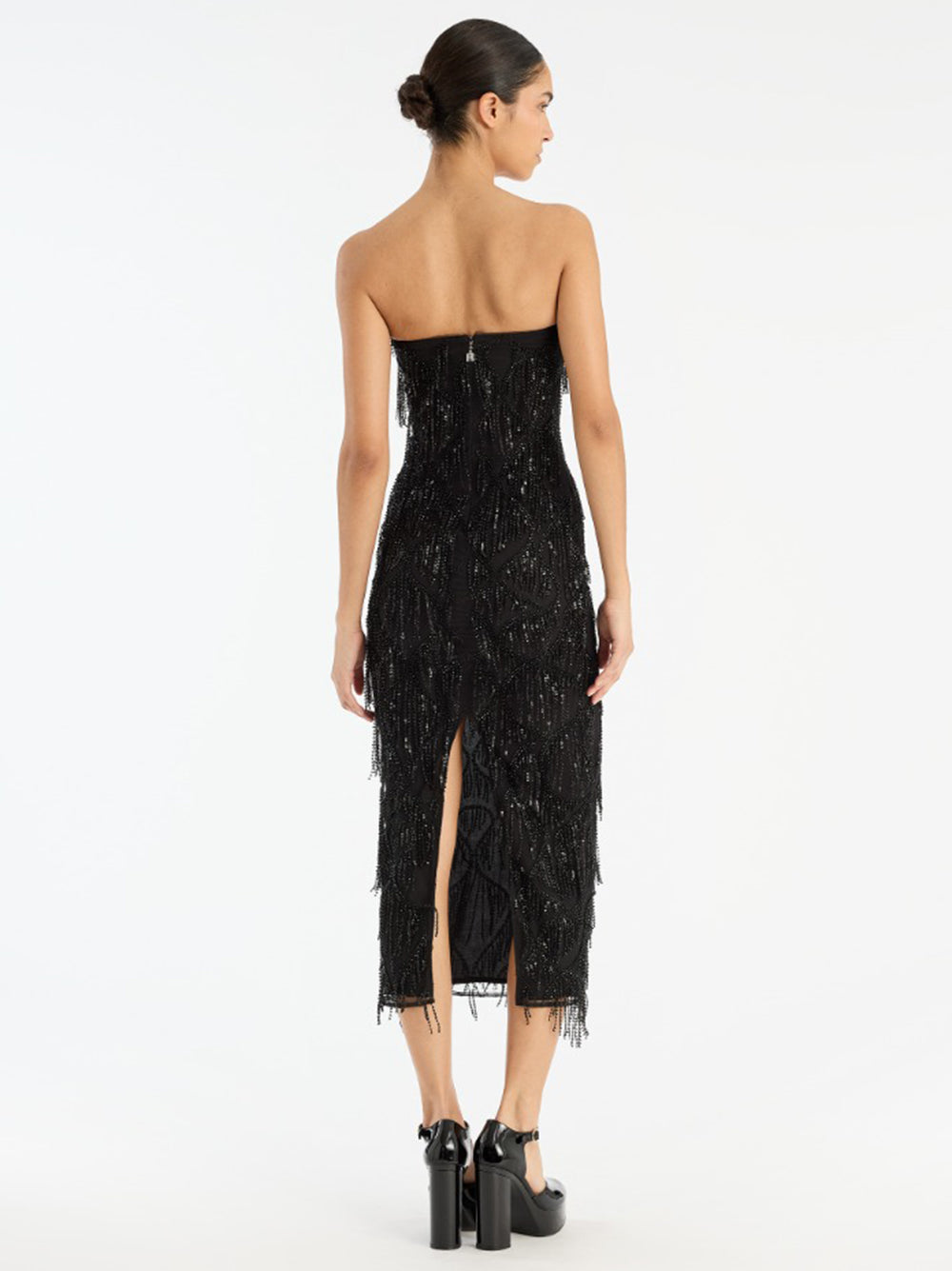 ROTATE BIRGERCHRISTENSEN Mid-Length Sequin Tube Dress with Fringe Detail