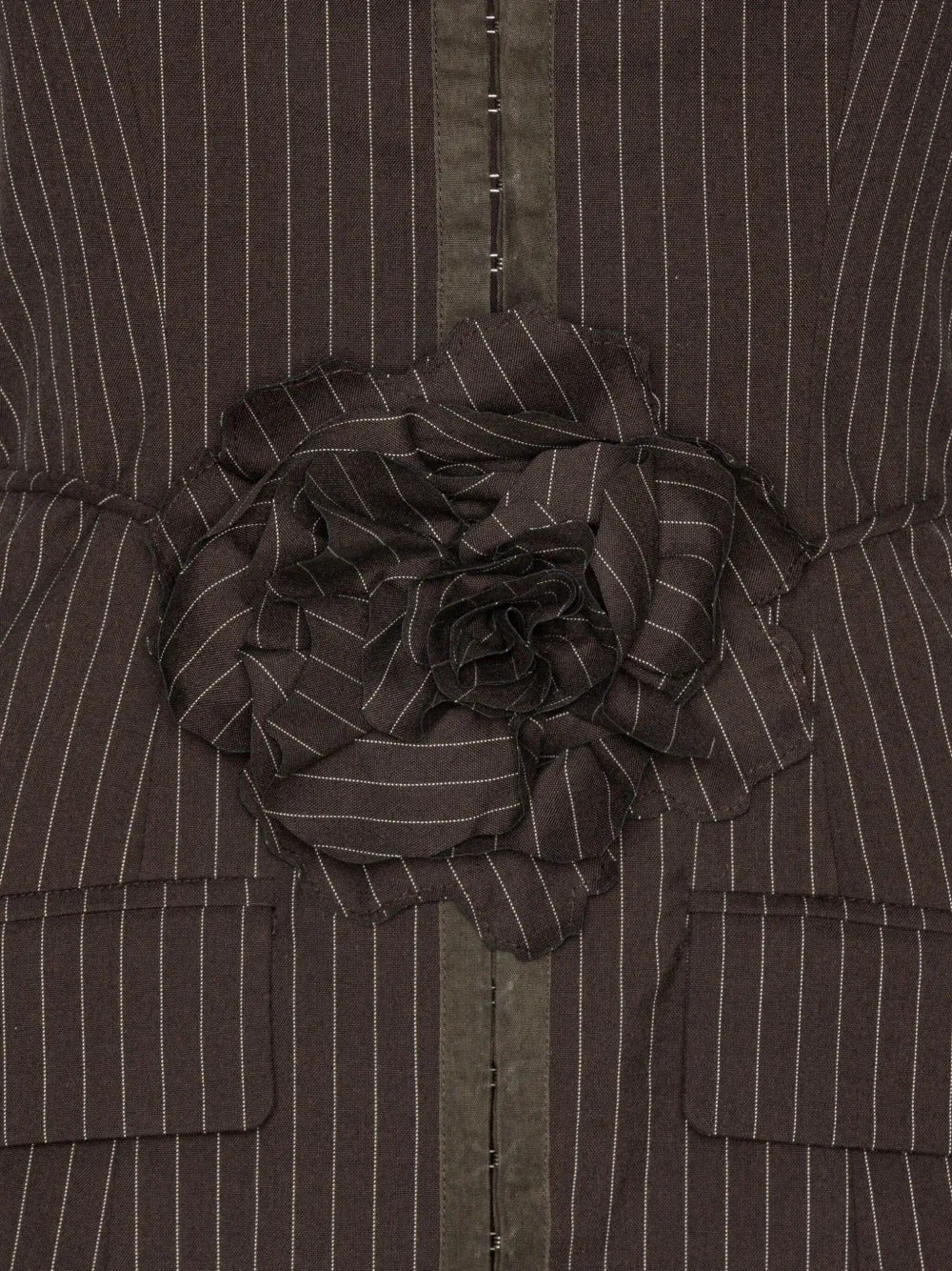 ROTATE BIRGERCHRISTENSEN Pinstripe Rose-Embellished Strapless Mini Dress (Size 34)