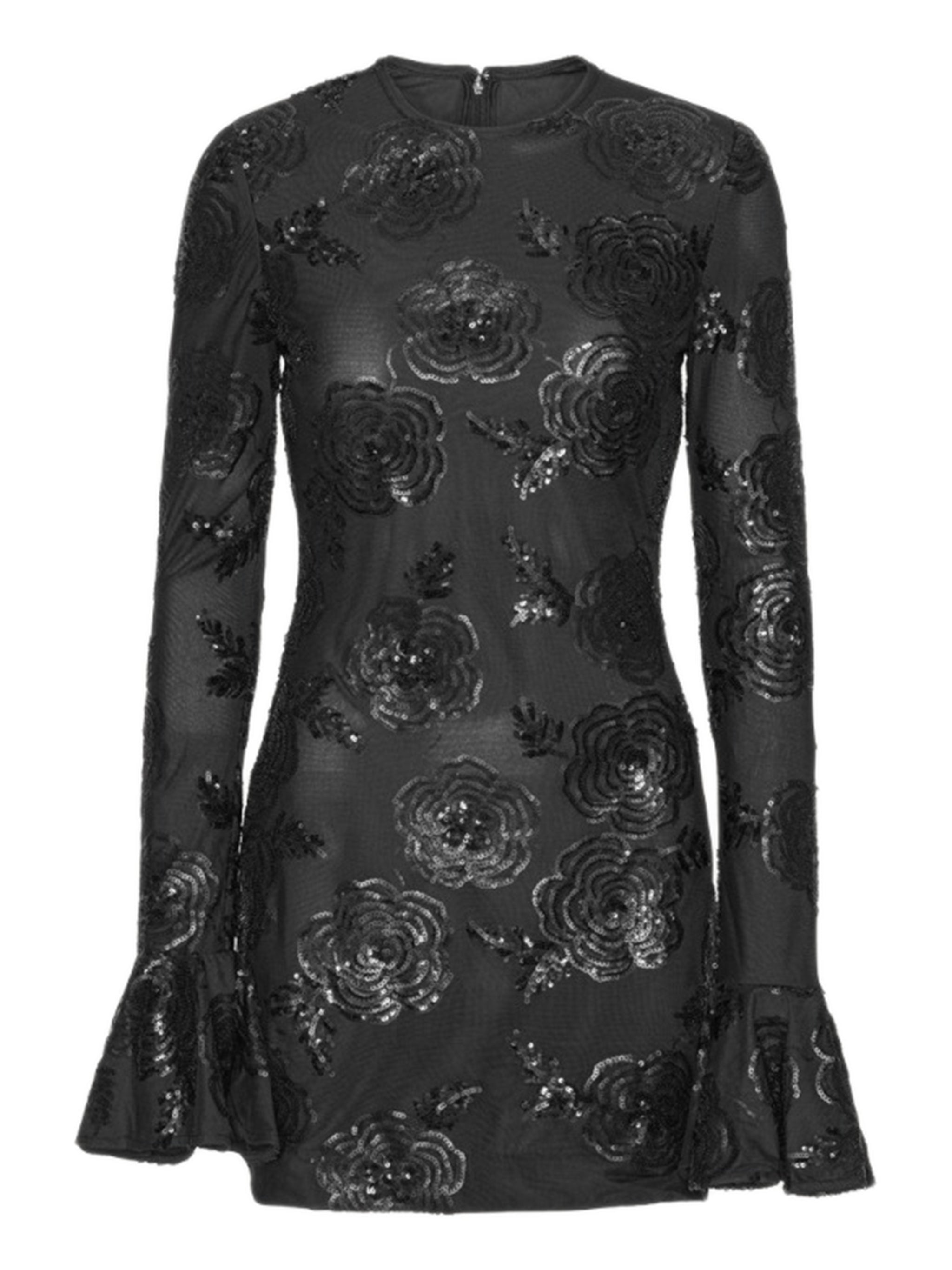 ROTATE BIRGERCHRISTENSEN Long-Sleeved Mini Dress with Sequin Floral Embroidery