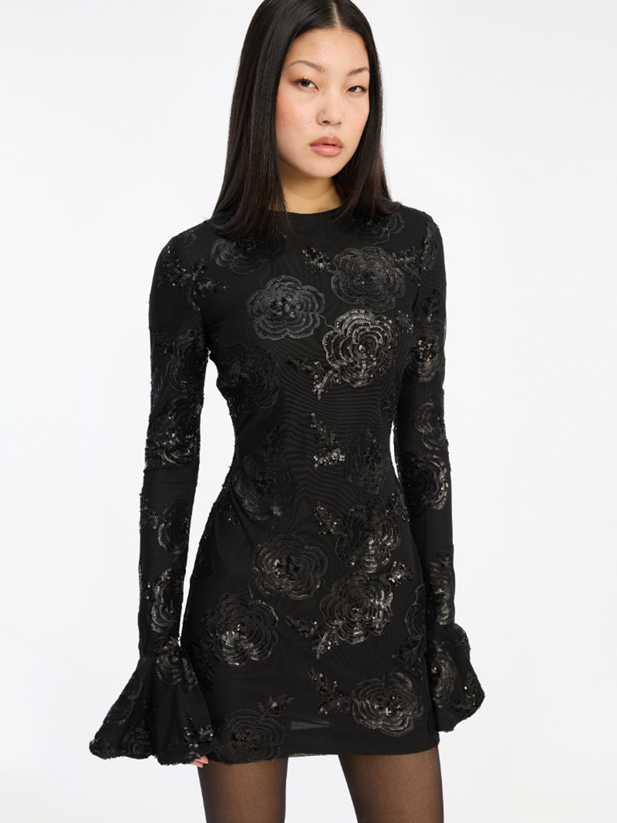 ROTATE BIRGERCHRISTENSEN Long-Sleeved Mini Dress with Sequin Floral Embroidery