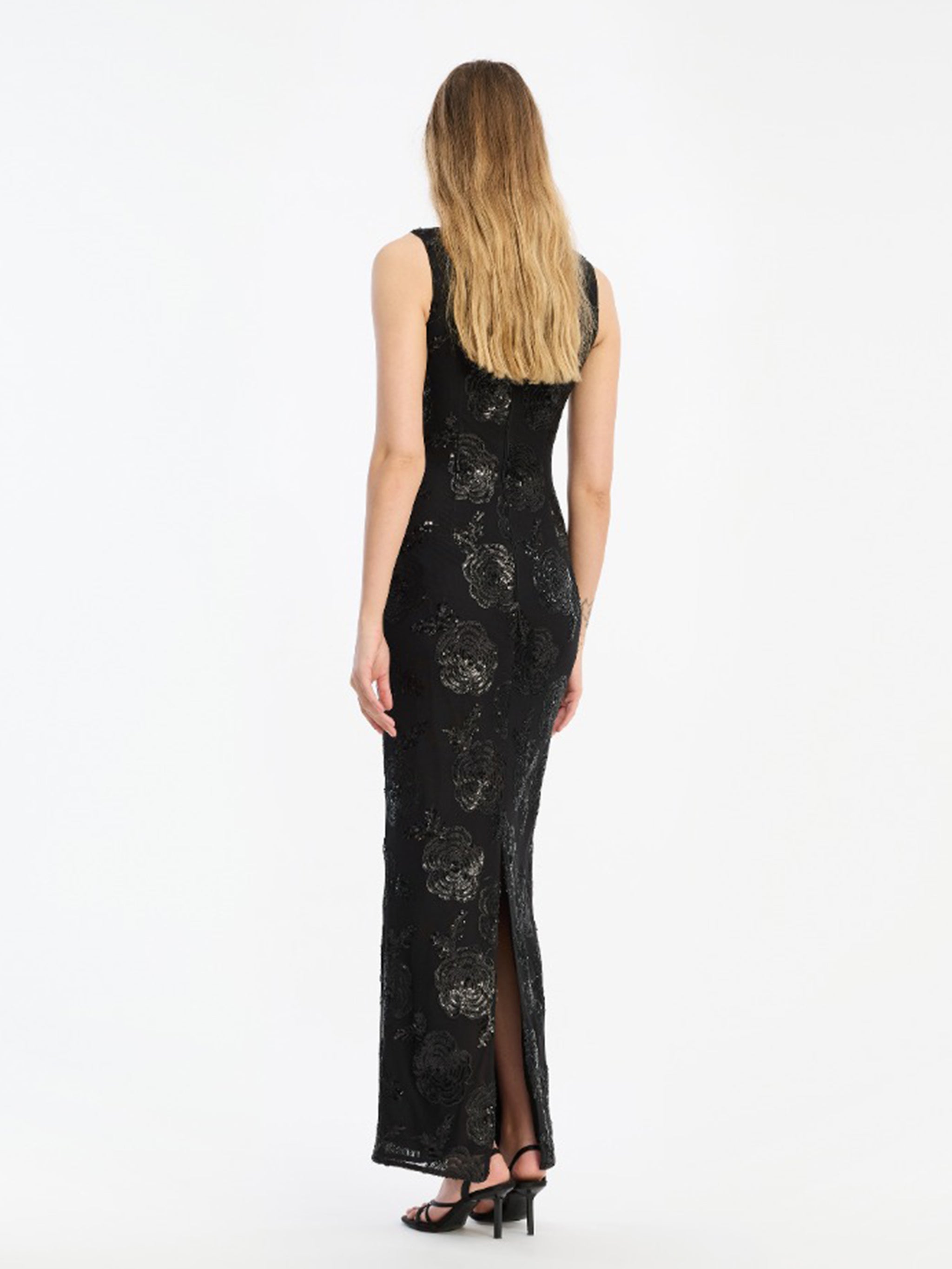 ROTATE BIRGERCHRISTENSEN Fitted Maxi Dress with Sequined Floral Embroidery