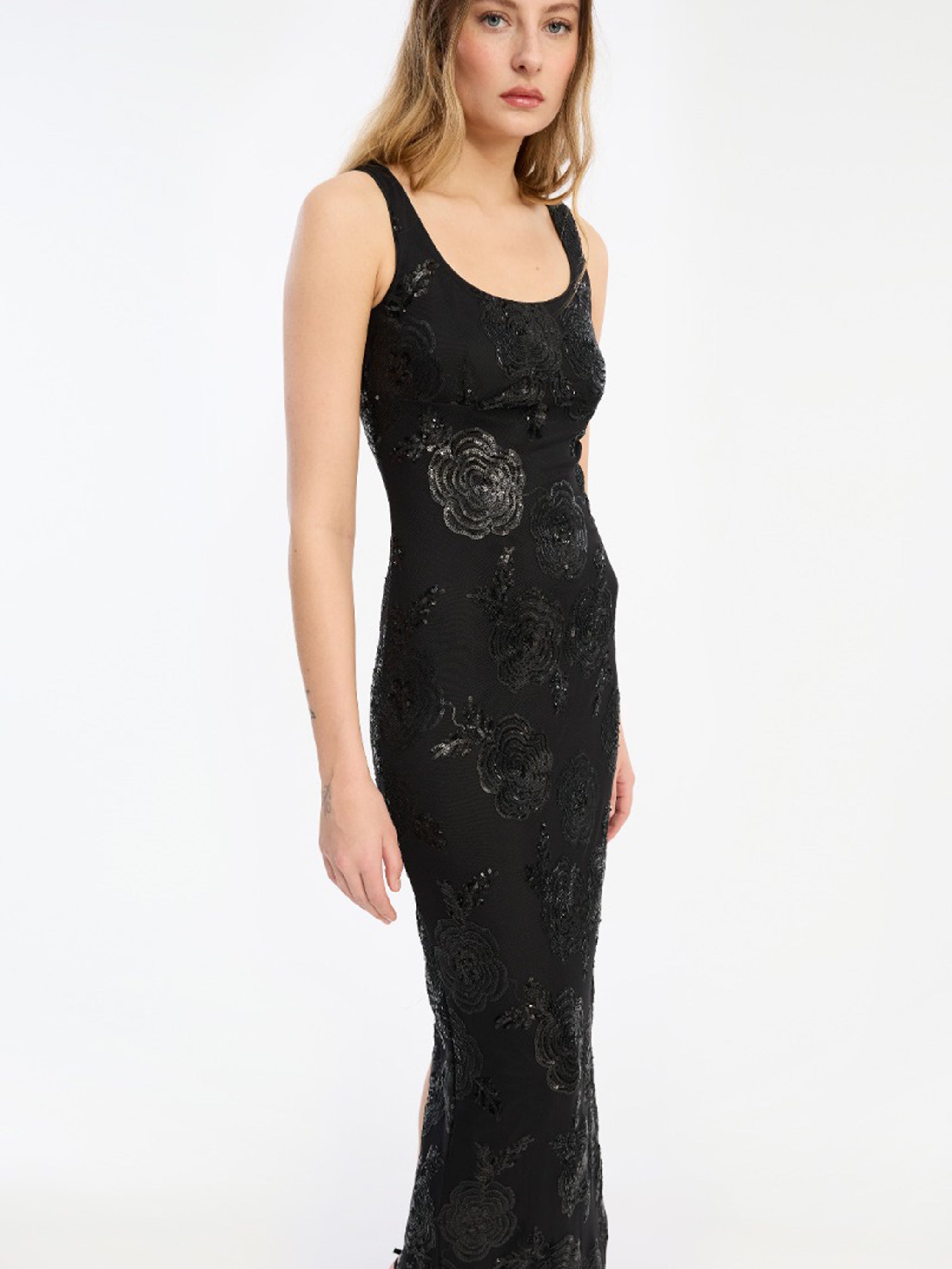 ROTATE BIRGERCHRISTENSEN Fitted Maxi Dress with Sequined Floral Embroidery