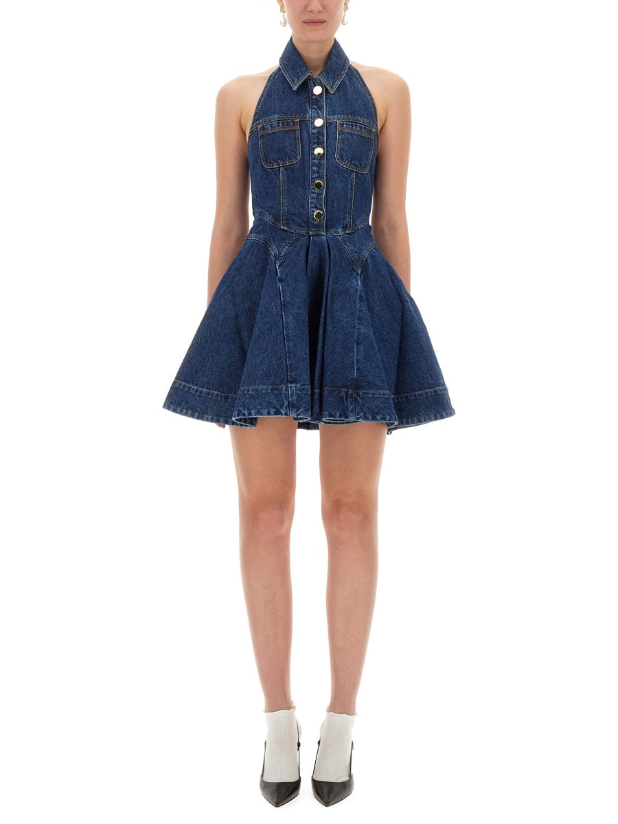 SELF-PORTRAIT Fitted Denim Flared Mini Dress - Size 6 UK