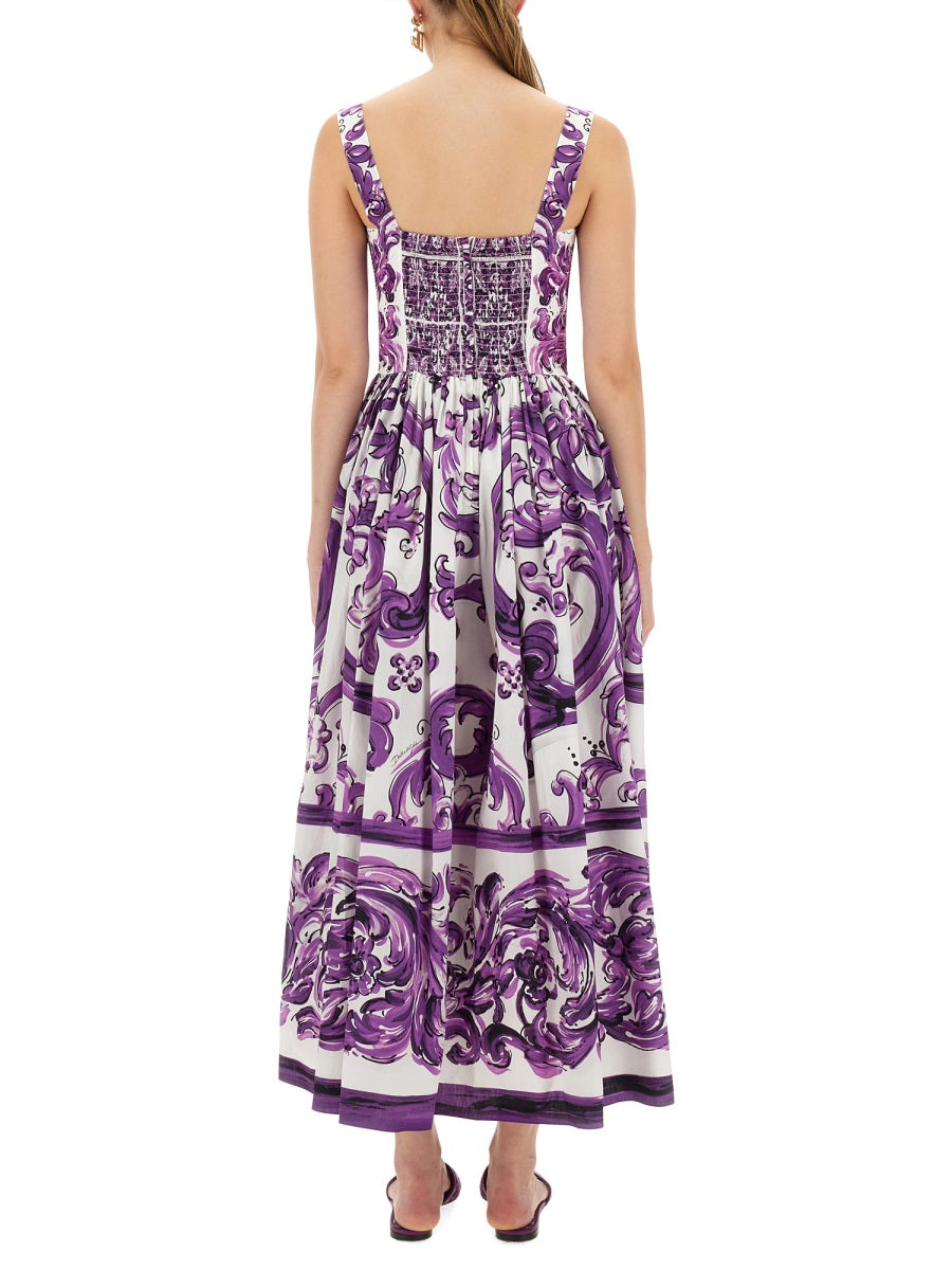 DOLCE & GABBANA Fitted Cotton Long Dress with Majolica Print - Size 40 IT