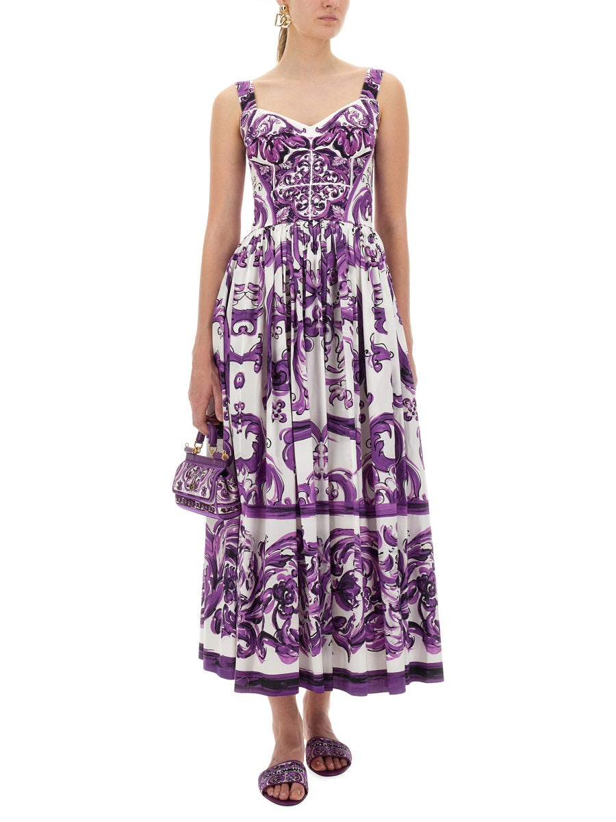 DOLCE & GABBANA Fitted Cotton Long Dress with Majolica Print - Size 40 IT