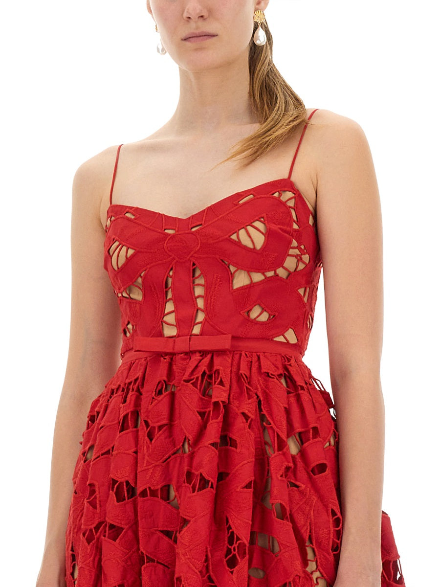 SELF-PORTRAIT Embroidered Midi Dress with Bow - Size 6 UK