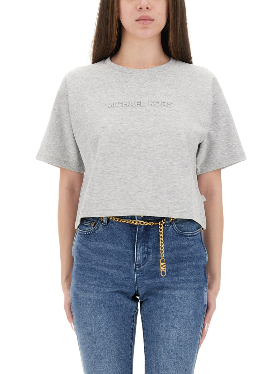 MICHAEL BY MICHAEL KORS Cropped T-Shirt with Embossed Logo - Women's Size S
